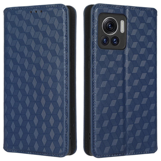 For Motorola Edge 30 Ultra 5G / Edge X / Moto X30 Pro 5G Rhombus Pattern Imprinted Leather Wallet Stand Cover Magnetic Closure Phone Case - Blue