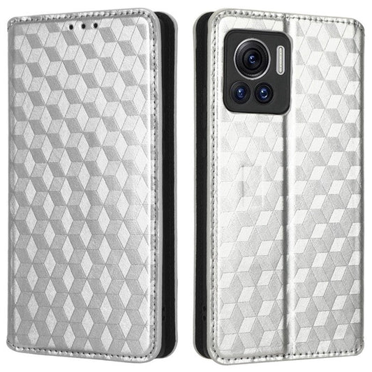 For Motorola Edge 30 Ultra 5G / Edge X / Moto X30 Pro 5G Rhombus Pattern Imprinted Leather Wallet Stand Cover Magnetic Closure Phone Case - Silver