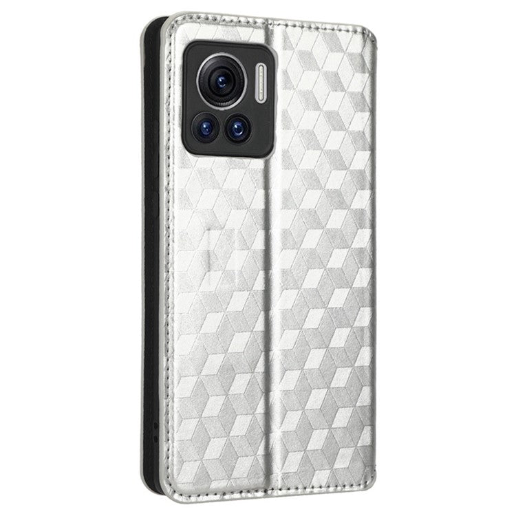 For Motorola Edge 30 Ultra 5G / Edge X / Moto X30 Pro 5G Rhombus Pattern Imprinted Leather Wallet Stand Cover Magnetic Closure Phone Case - Silver