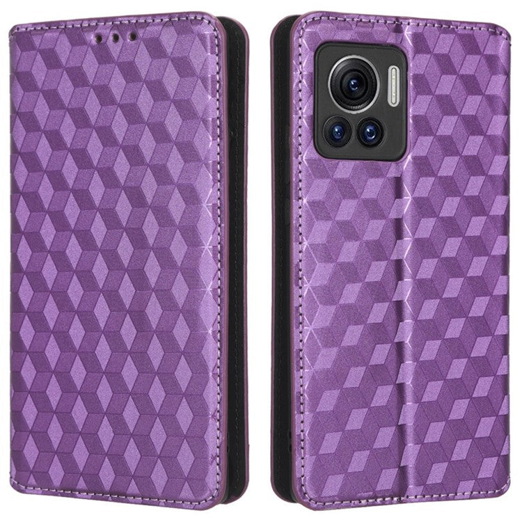 For Motorola Edge 30 Ultra 5G / Edge X / Moto X30 Pro 5G Rhombus Pattern Imprinted Leather Wallet Stand Cover Magnetic Closure Phone Case - Purple
