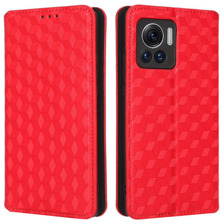 For Motorola Edge 30 Ultra 5G / Edge X / Moto X30 Pro 5G Rhombus Pattern Imprinted Leather Wallet Stand Cover Magnetic Closure Phone Case - Red