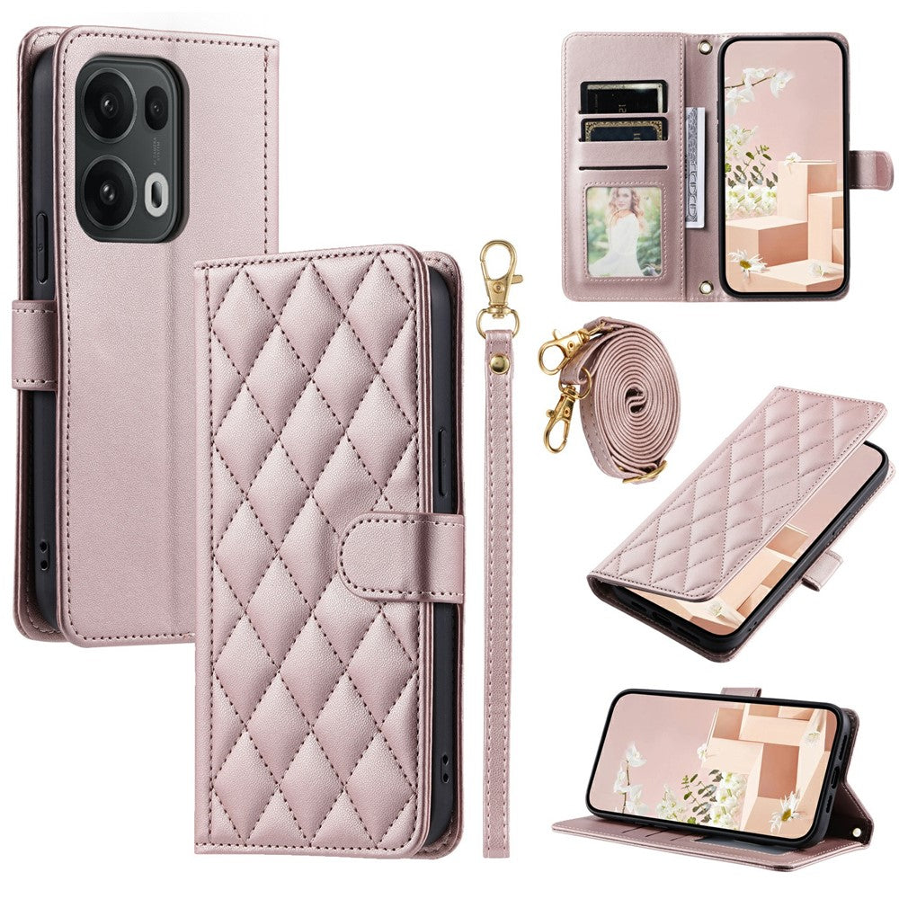 For Oppo Reno13 Pro 5G Wallet Case Rhombus Grid PU Leather Phone Cover - Rose Gold