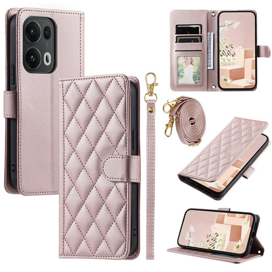 For Oppo Reno13 Pro 5G Wallet Case Rhombus Grid PU Leather Phone Cover - Rose Gold