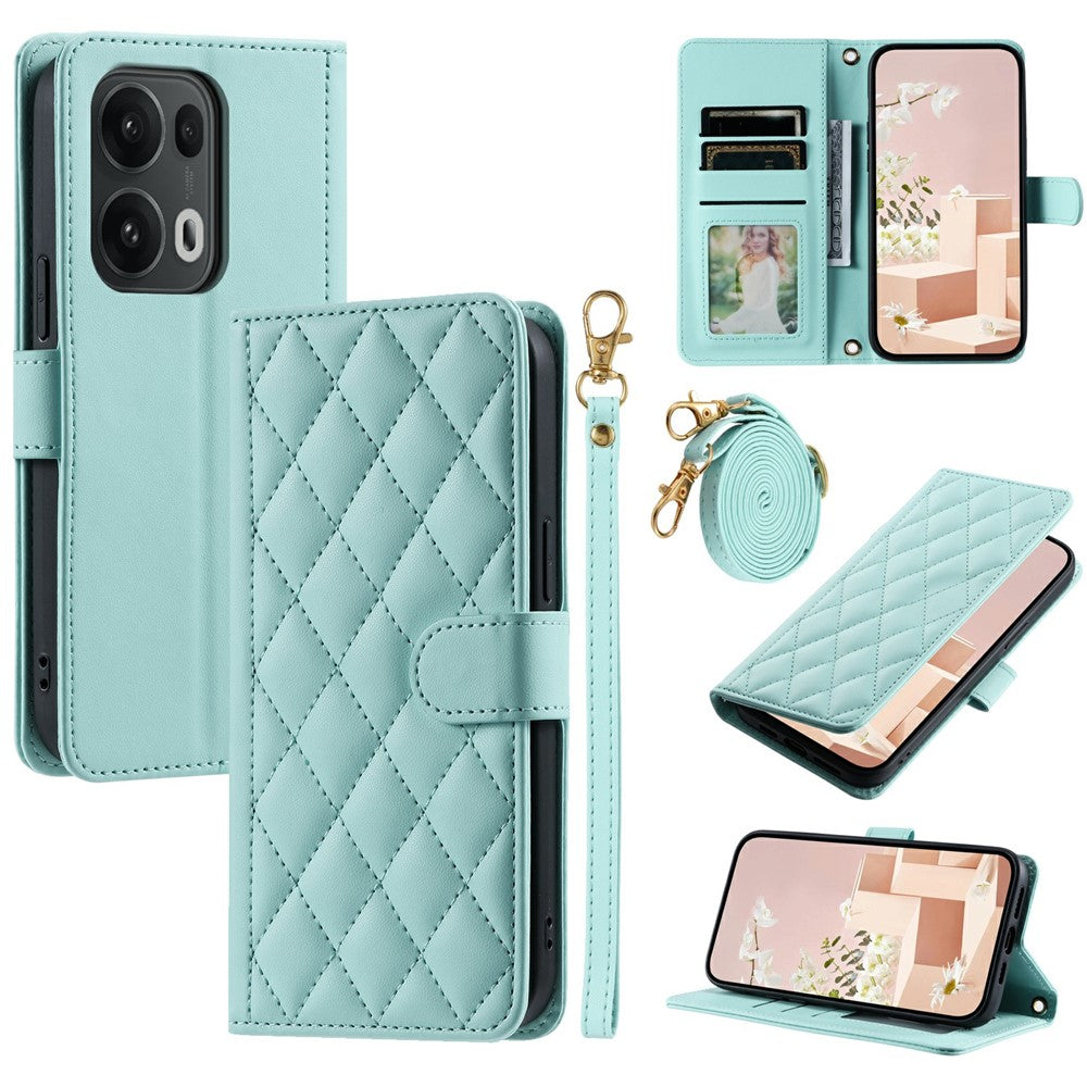For Oppo Reno13 Pro 5G Wallet Case Rhombus Grid PU Leather Phone Cover - Mint Green