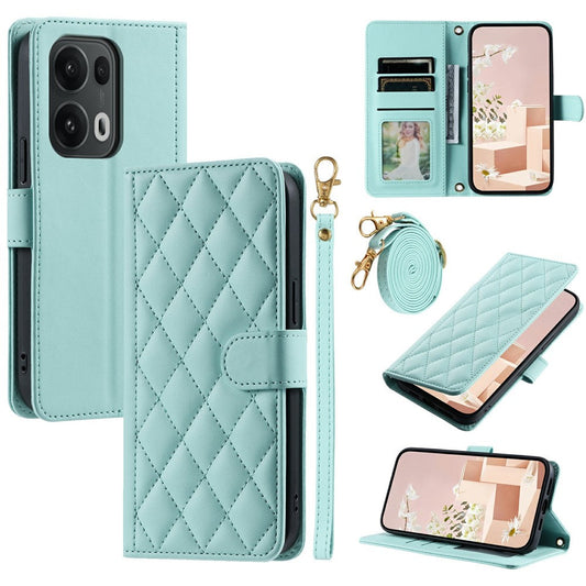 For Oppo Reno13 Pro 5G Wallet Case Rhombus Grid PU Leather Phone Cover - Mint Green