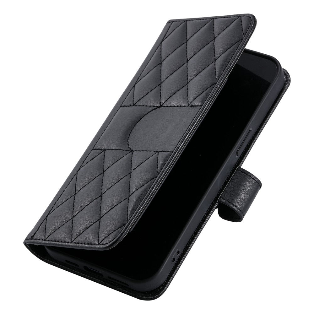 For Oppo Reno13 5G (Global) Crossbody Leather Case Ring Buckle Wallet Stand Rhombus Mobile Cover - Black