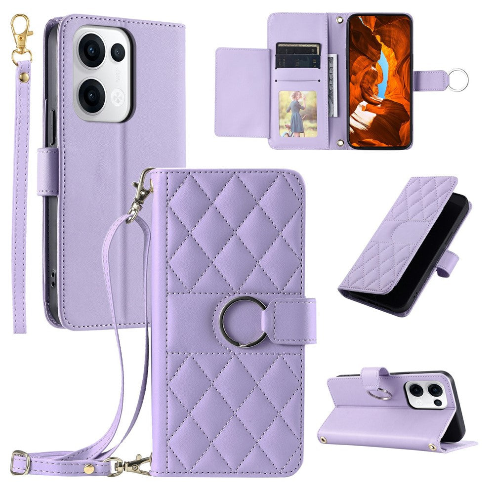 For Oppo Reno13 5G (Global) Crossbody Leather Case Ring Buckle Wallet Stand Rhombus Mobile Cover - Purple
