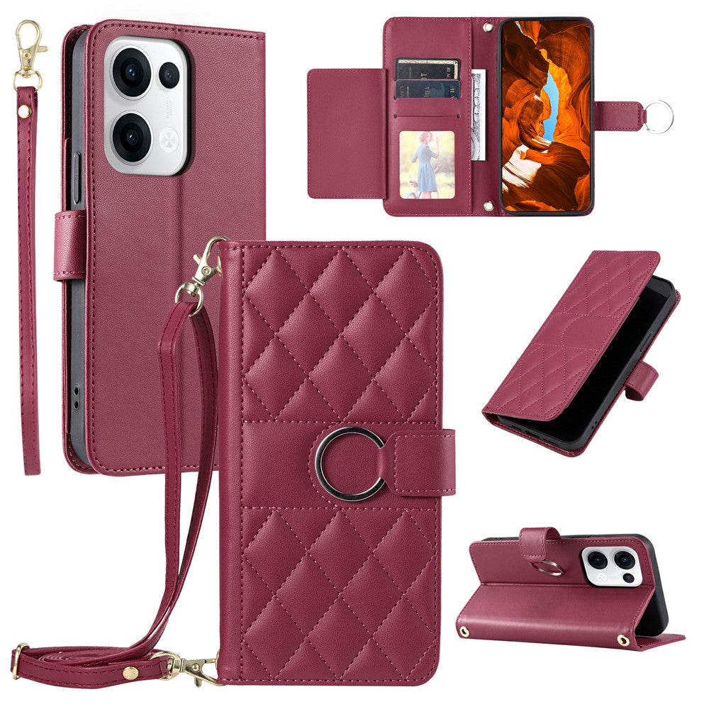 For Oppo Reno13 5G (Global) Crossbody Leather Case Ring Buckle Wallet Stand Rhombus Mobile Cover - Red