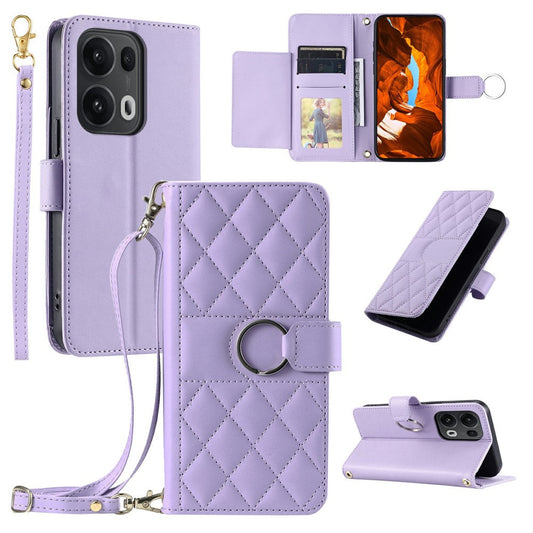 For Oppo Reno13 Pro 5G Crossbody Leather Case Ring Buckle Wallet Stand Rhombus Mobile Cover - Purple