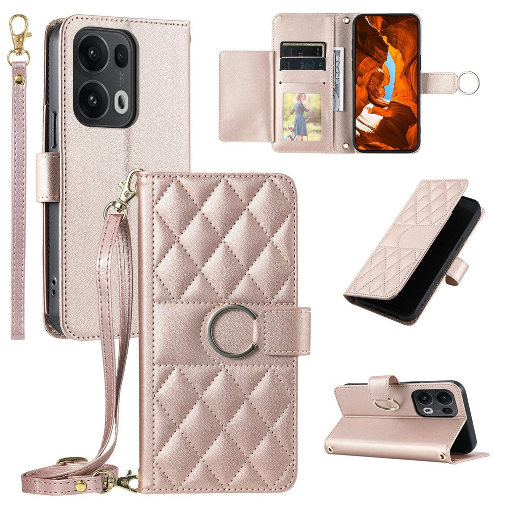 For Oppo Reno13 Pro 5G Crossbody Leather Case Ring Buckle Wallet Stand Rhombus Mobile Cover - Rose Gold