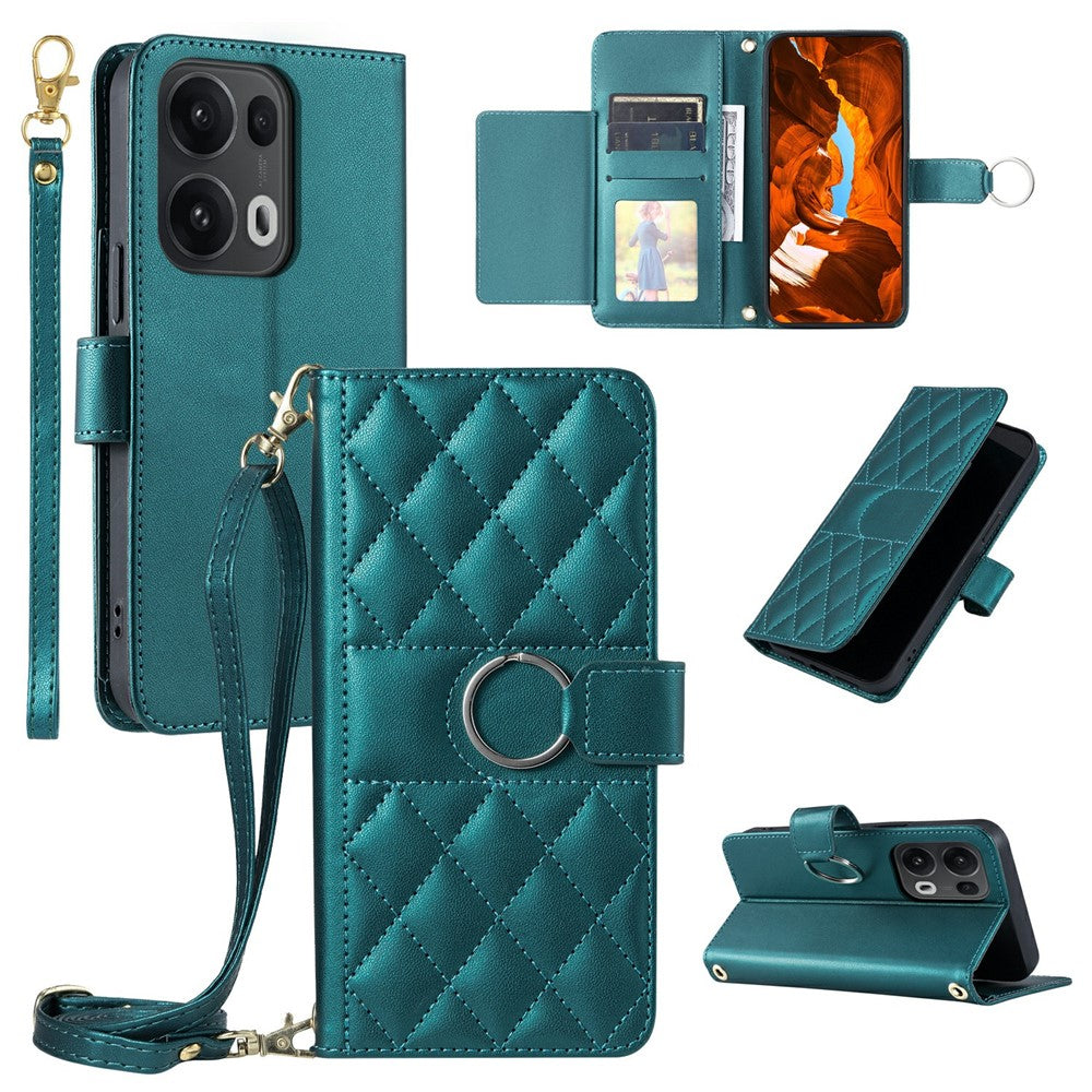 For Oppo Reno13 Pro 5G Crossbody Leather Case Ring Buckle Wallet Stand Rhombus Mobile Cover - Green