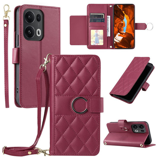 For Oppo Reno13 Pro 5G Crossbody Leather Case Ring Buckle Wallet Stand Rhombus Mobile Cover - Red