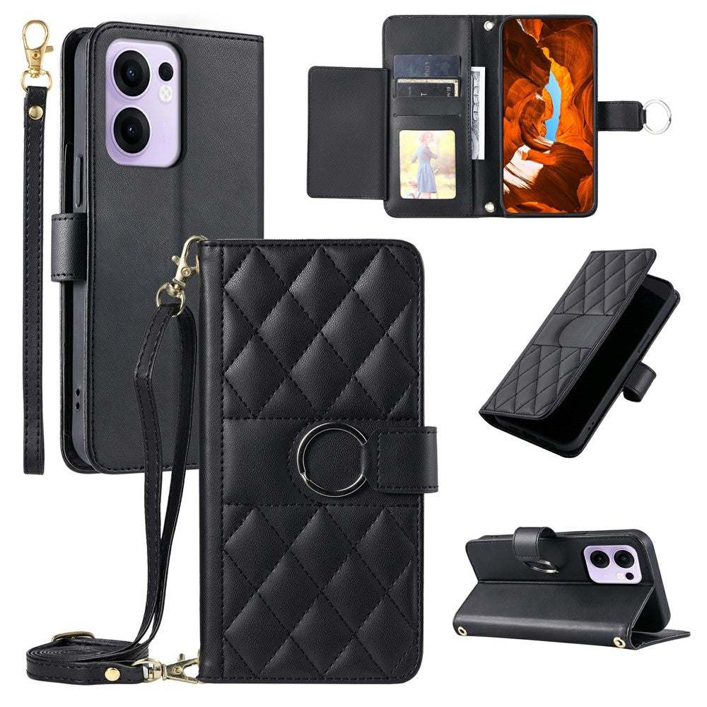 For Oppo Reno13 F 5G  /  4G Crossbody Leather Case Ring Buckle Wallet Stand Rhombus Mobile Cover - Black