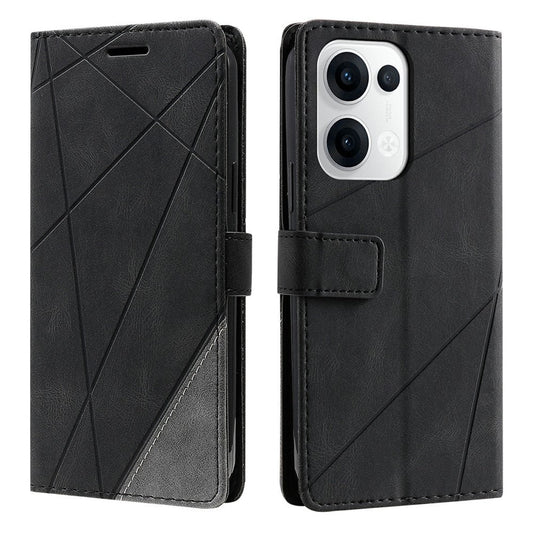 For Oppo Reno13 5G (Global) Case Imprinted Lines PU Leather Splicing Wallet Phone Cover - Black