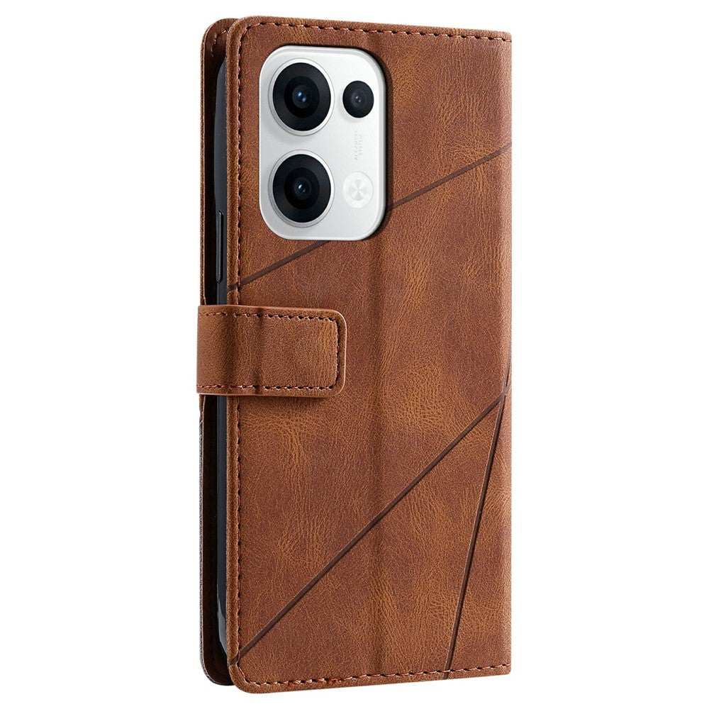 For Oppo Reno13 5G (Global) Case Imprinted Lines PU Leather Splicing Wallet Phone Cover - Brown