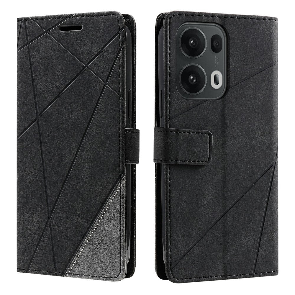 For Oppo Reno13 Pro 5G Case Imprinted Lines PU Leather Splicing Wallet Phone Cover - Black