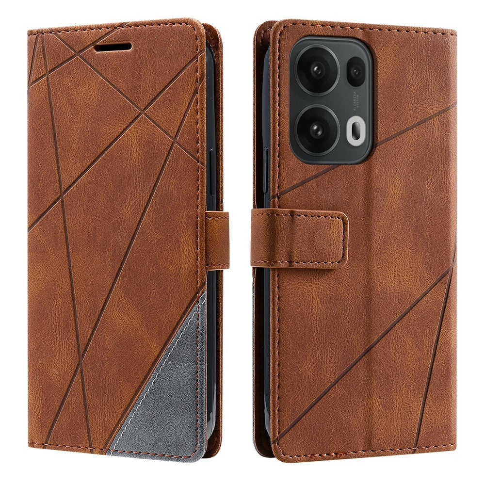 For Oppo Reno13 Pro 5G Case Imprinted Lines PU Leather Splicing Wallet Phone Cover - Brown