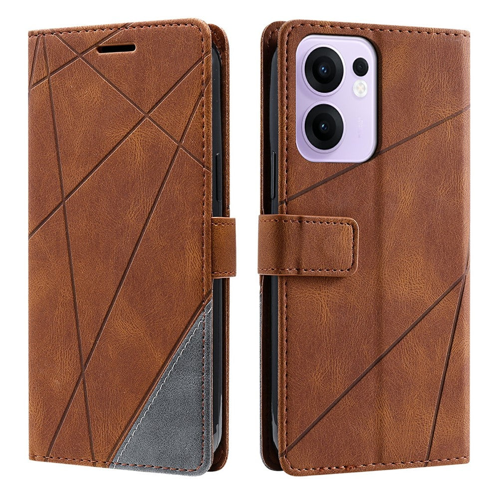 For Oppo Reno13 F 4G / 5G Case Imprinted Lines PU Leather Splicing Wallet Phone Cover - Brown