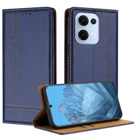 For Oppo Reno13 5G (Global) Case L-Shaped Grid Pattern Leather Stand Phone Cover with Card Slots - Blue
