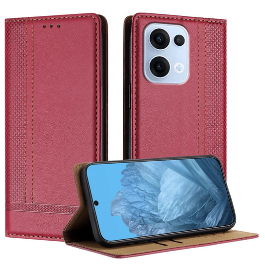 For Oppo Reno13 5G (Global) Case L-Shaped Grid Pattern Leather Stand Phone Cover with Card Slots - Red