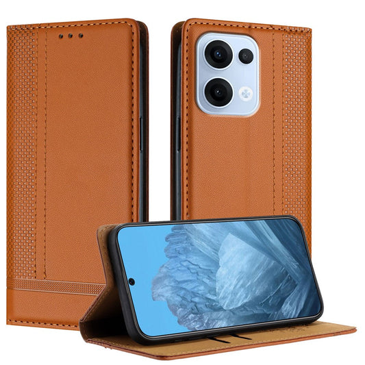 For Oppo Reno13 5G (Global) Case L-Shaped Grid Pattern Leather Stand Phone Cover with Card Slots - Brown