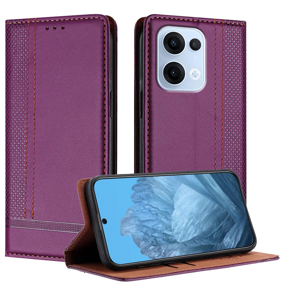 For Oppo Reno13 5G (Global) Case L-Shaped Grid Pattern Leather Stand Phone Cover with Card Slots - Purple