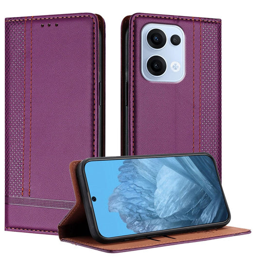 For Oppo Reno13 5G (Global) Case L-Shaped Grid Pattern Leather Stand Phone Cover with Card Slots - Purple