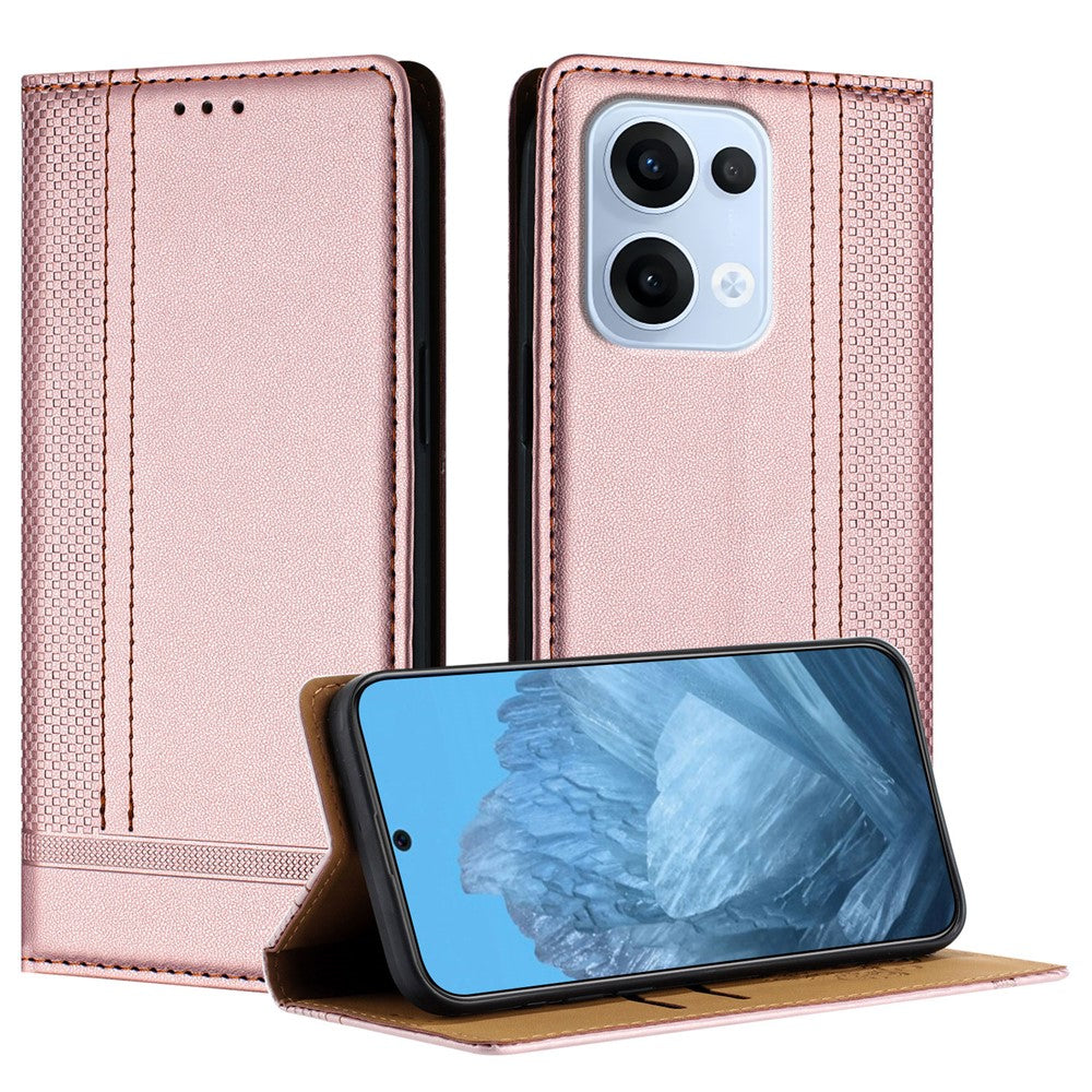 For Oppo Reno13 5G (Global) Case L-Shaped Grid Pattern Leather Stand Phone Cover with Card Slots - Rose Gold
