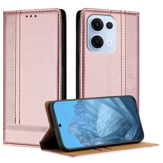 For Oppo Reno13 5G (Global) Case L-Shaped Grid Pattern Leather Stand Phone Cover with Card Slots - Rose Gold