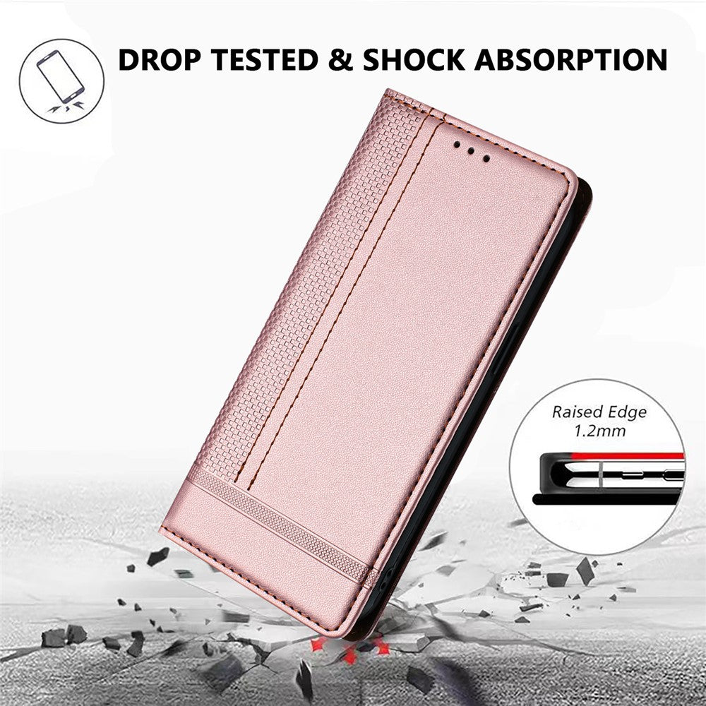 For Oppo Reno13 5G (Global) Case L-Shaped Grid Pattern Leather Stand Phone Cover with Card Slots - Rose Gold