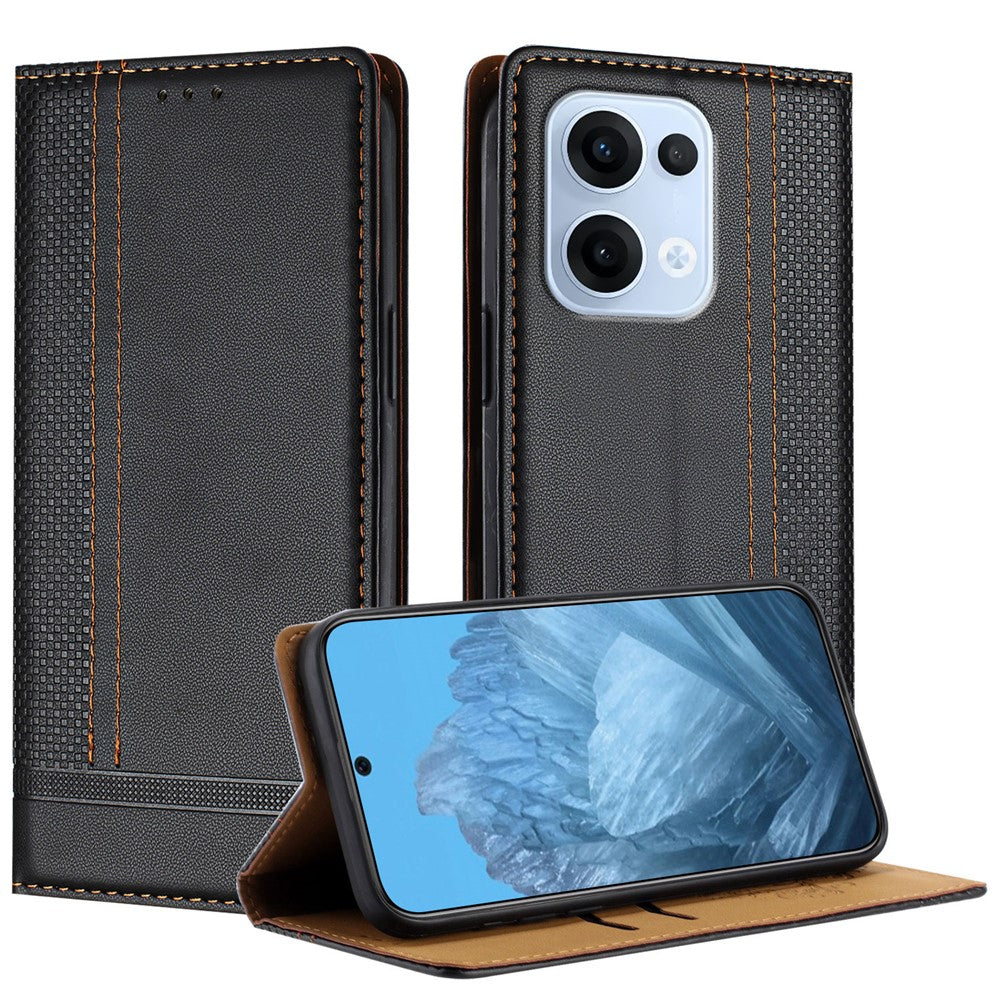 For Oppo Reno13 5G (Global) Case L-Shaped Grid Pattern Leather Stand Phone Cover with Card Slots - Black