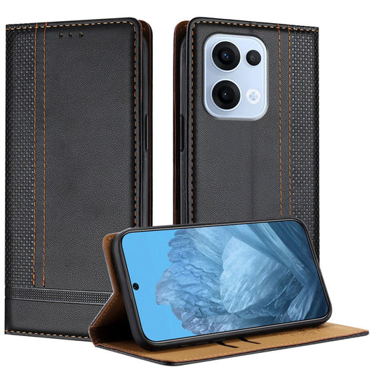 For Oppo Reno13 5G (Global) Case L-Shaped Grid Pattern Leather Stand Phone Cover with Card Slots - Black