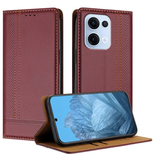 For Oppo Reno13 5G (Global) Case L-Shaped Grid Pattern Leather Stand Phone Cover with Card Slots - Wine Red