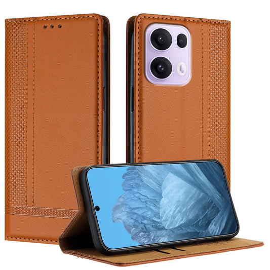 For Oppo Reno13 Pro 5G Case L-Shaped Grid Pattern Leather Stand Phone Cover with Card Slots - Brown