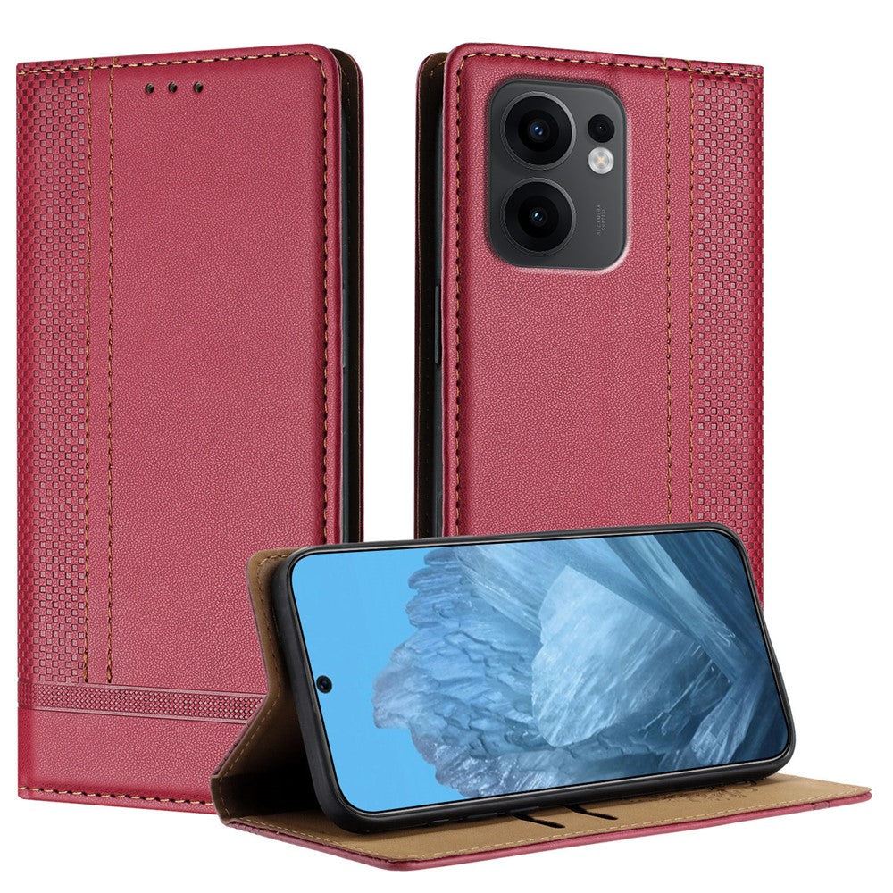 For Oppo Reno13 F 5G Case L-Shaped Grid Pattern Leather Stand Phone Cover with Card Slots - Red