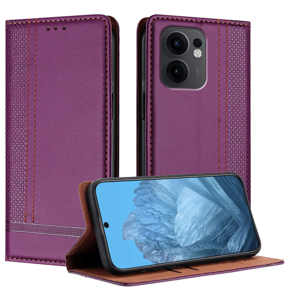For Oppo Reno13 F 5G Case L-Shaped Grid Pattern Leather Stand Phone Cover with Card Slots - Purple