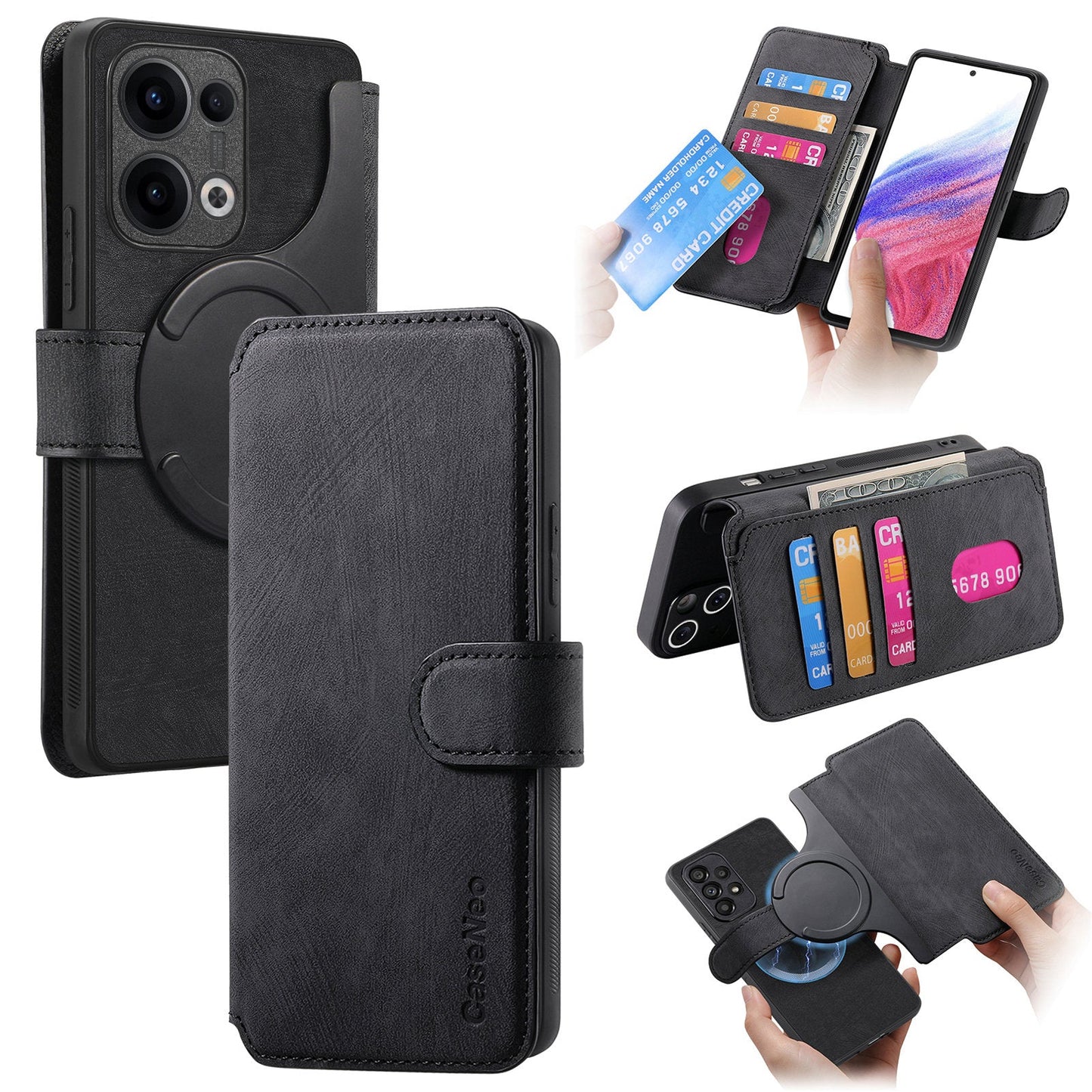 For Oppo Reno13 5G (Global) Magnetic Case CASENEO Detachable Leather Phone Wallet Cover - Black
