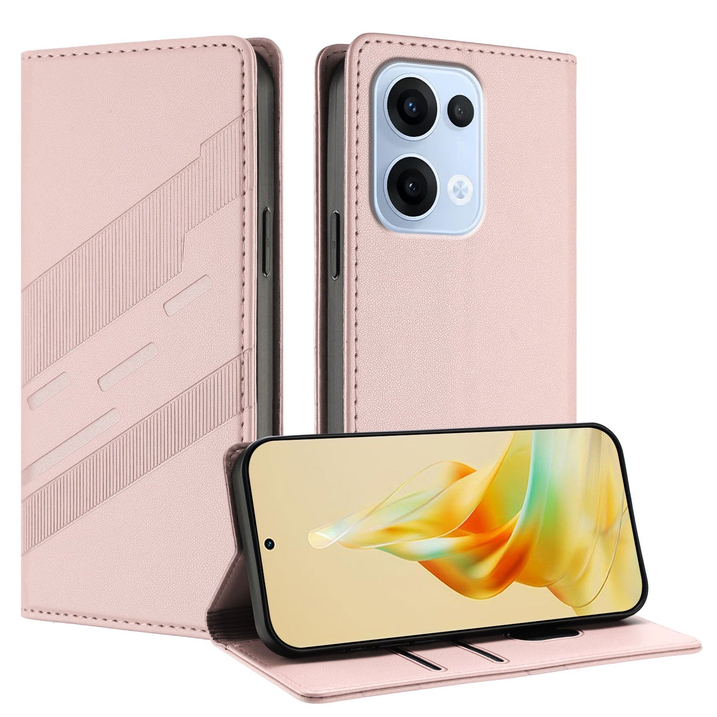 For Oppo Reno13 5G (Global) Phone Cases Punk Style Imprinted Wallet Stand Leather Cover - Pink