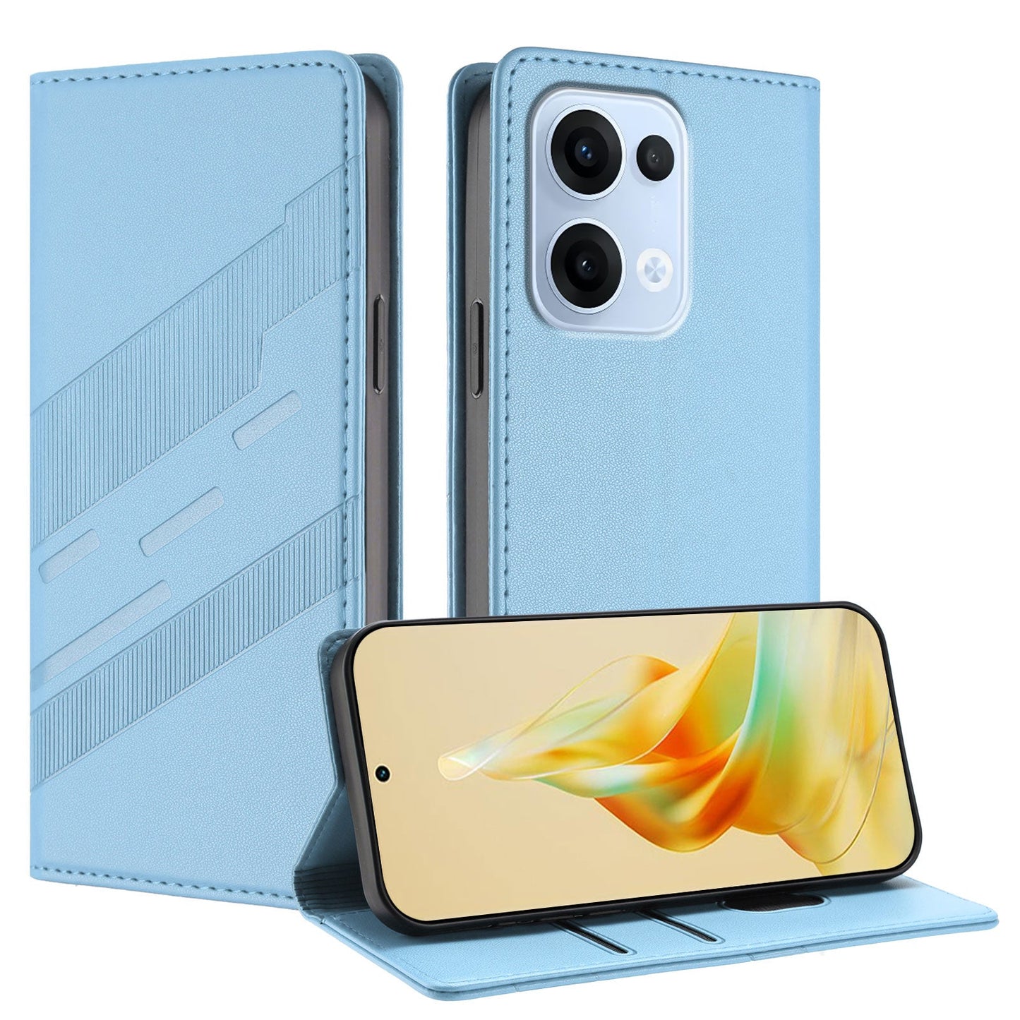 For Oppo Reno13 5G (Global) Phone Cases Punk Style Imprinted Wallet Stand Leather Cover - Baby Blue