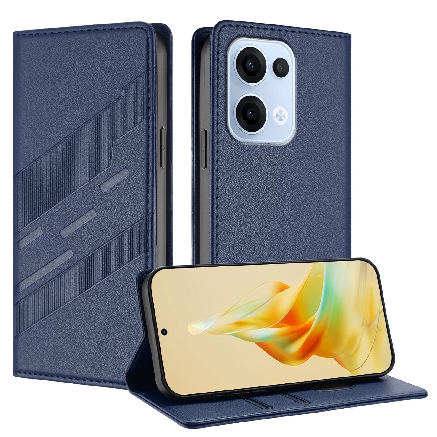 For Oppo Reno13 5G (Global) Phone Cases Punk Style Imprinted Wallet Stand Leather Cover - Dark Blue