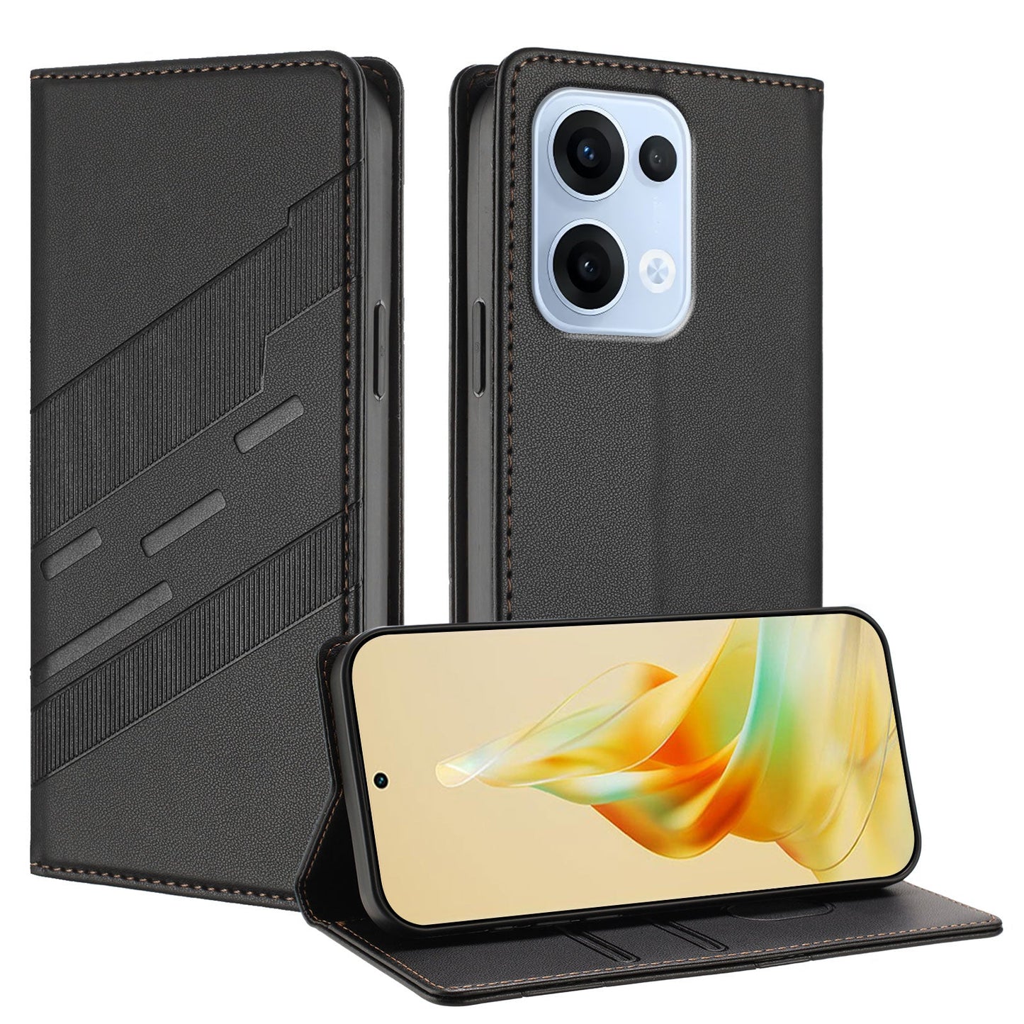 For Oppo Reno13 5G (Global) Phone Cases Punk Style Imprinted Wallet Stand Leather Cover - Black