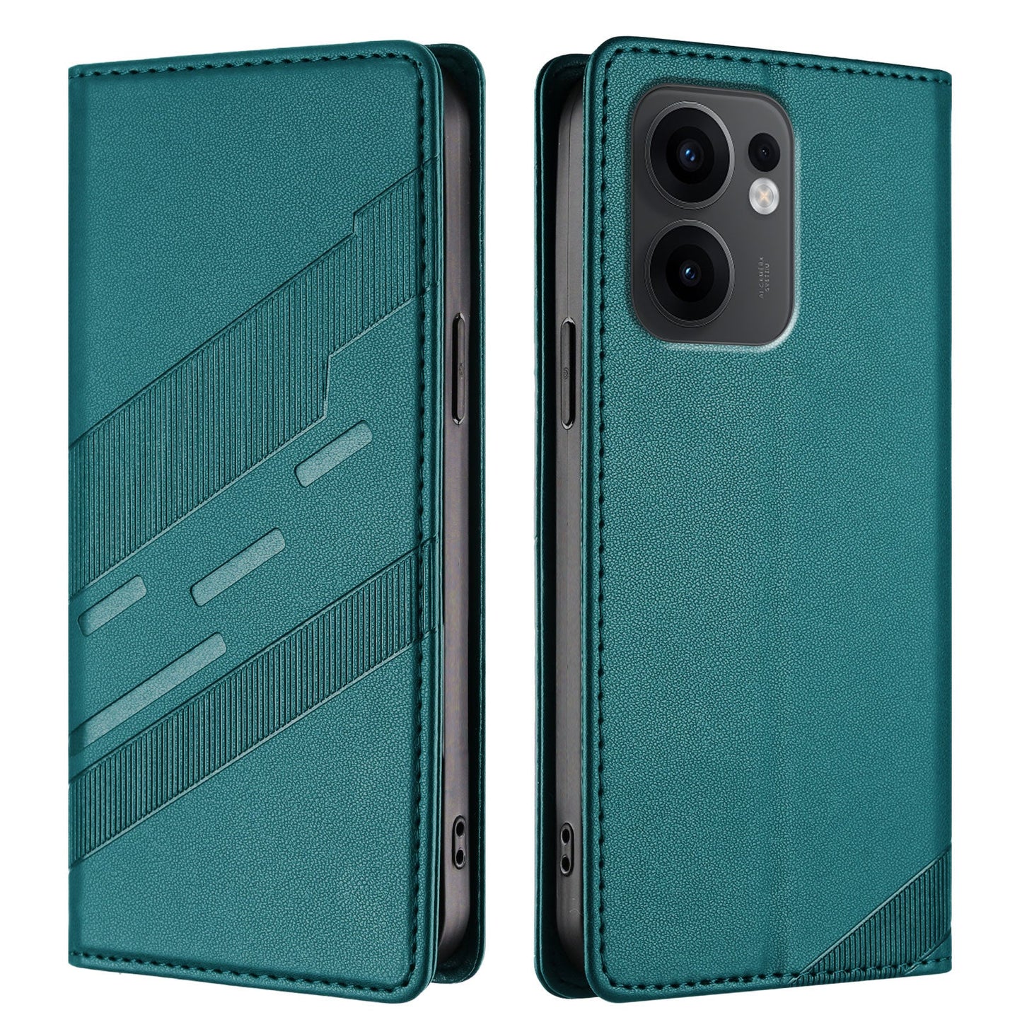 For Oppo Reno13 F 5G Phone Cases Punk Style Imprinted Wallet Stand Leather Cover - Dark Green
