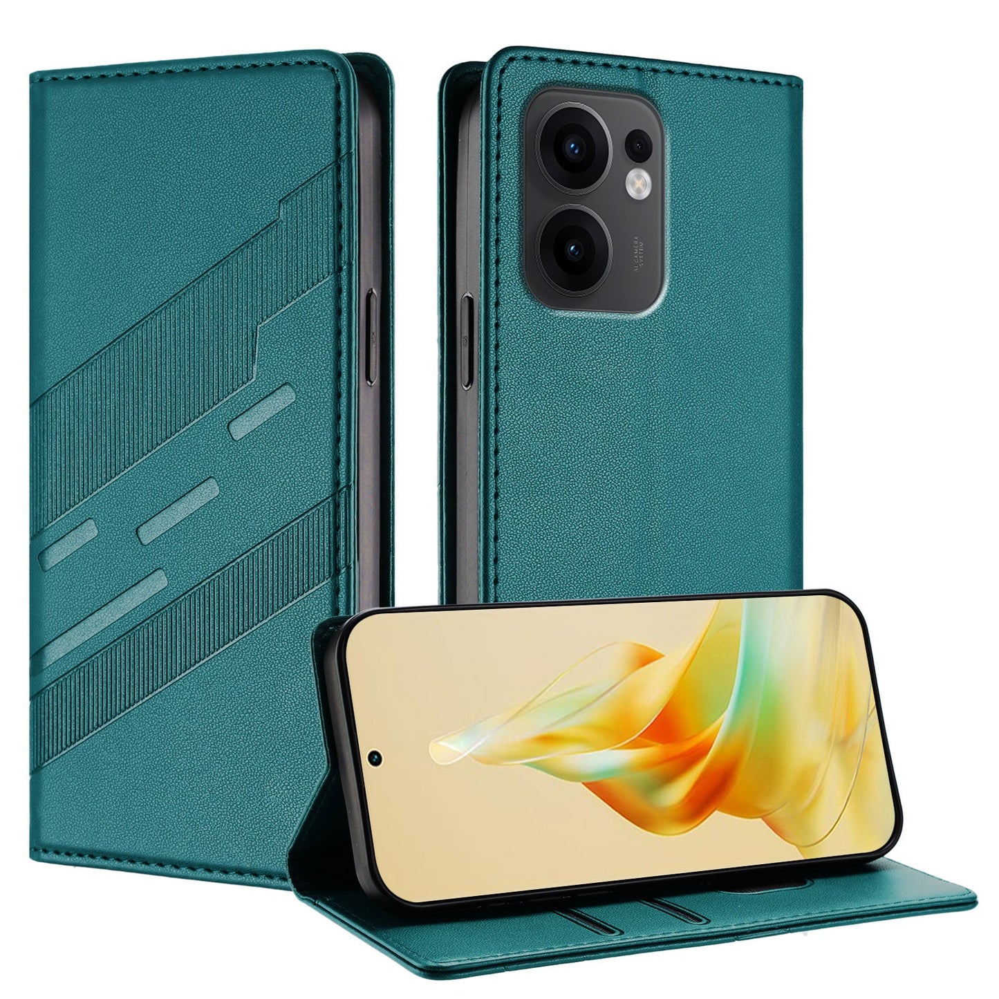 For Oppo Reno13 F 5G Phone Cases Punk Style Imprinted Wallet Stand Leather Cover - Dark Green
