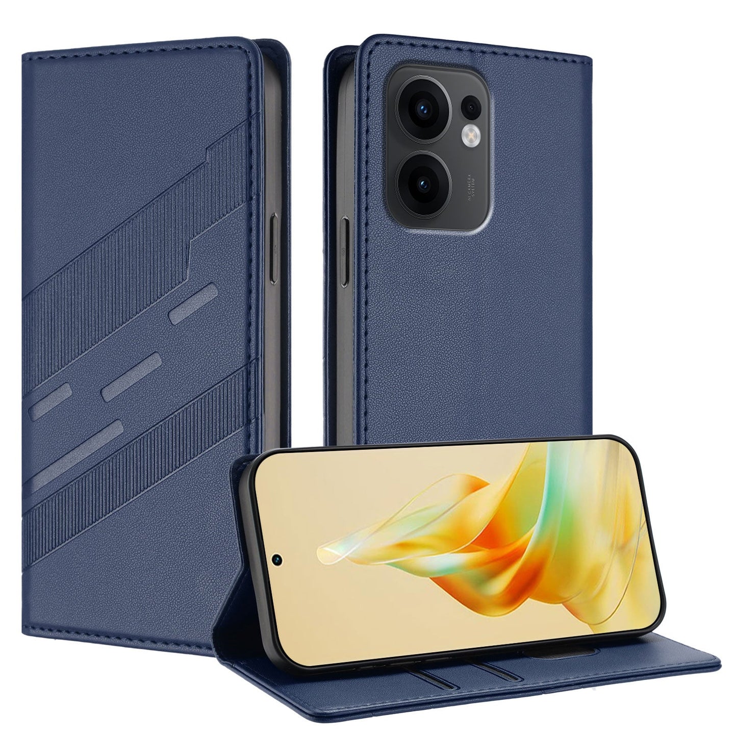 For Oppo Reno13 F 5G Phone Cases Punk Style Imprinted Wallet Stand Leather Cover - Dark Blue