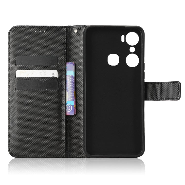For Infinix Hot 12 Pro 4G X668C PU Leather Flip Folio Case Diamond Texture Stand Soft TPU Inner Shell Phone Cover with Strap - Black