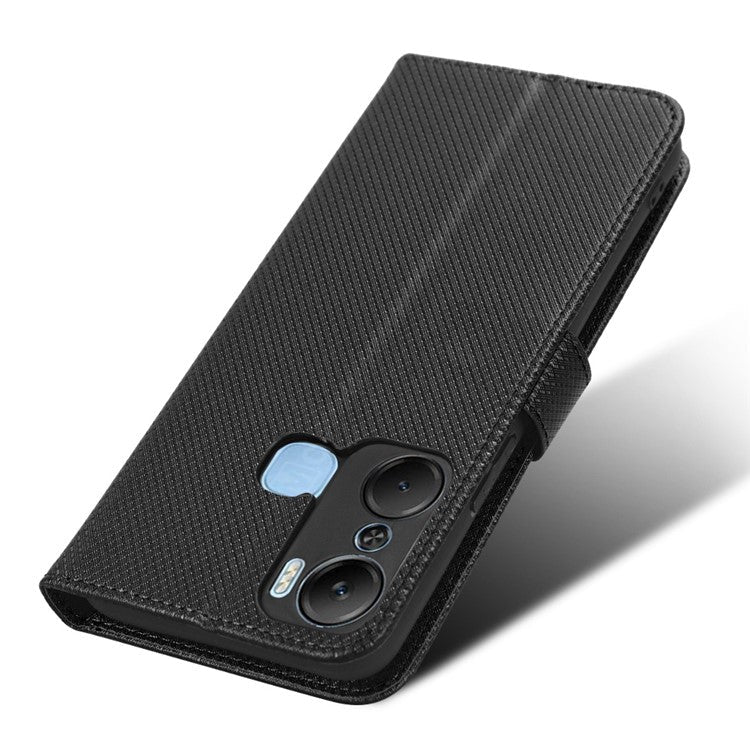 For Infinix Hot 12 Pro 4G X668C PU Leather Flip Folio Case Diamond Texture Stand Soft TPU Inner Shell Phone Cover with Strap - Black