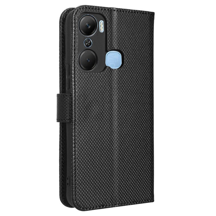 For Infinix Hot 12 Pro 4G X668C PU Leather Flip Folio Case Diamond Texture Stand Soft TPU Inner Shell Phone Cover with Strap - Black