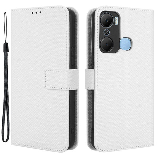For Infinix Hot 12 Pro 4G X668C PU Leather Flip Folio Case Diamond Texture Stand Soft TPU Inner Shell Phone Cover with Strap - White