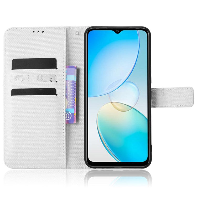 For Infinix Hot 12 Pro 4G X668C PU Leather Flip Folio Case Diamond Texture Stand Soft TPU Inner Shell Phone Cover with Strap - White