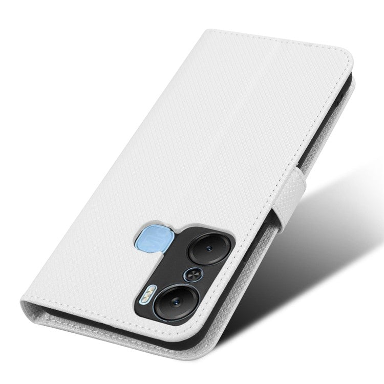 For Infinix Hot 12 Pro 4G X668C PU Leather Flip Folio Case Diamond Texture Stand Soft TPU Inner Shell Phone Cover with Strap - White